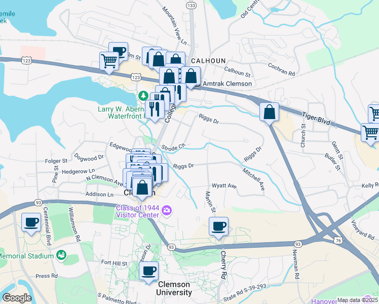 map of restaurants, bars, coffee shops, grocery stores, and more near 106 Strode Circle in Clemson