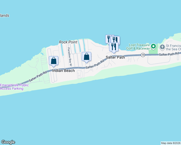 map of restaurants, bars, coffee shops, grocery stores, and more near 1405 Salter Path Road in Atlantic Beach