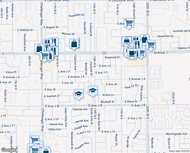 map of restaurants, bars, coffee shops, grocery stores, and more near 1643 East Avenue J in Lancaster