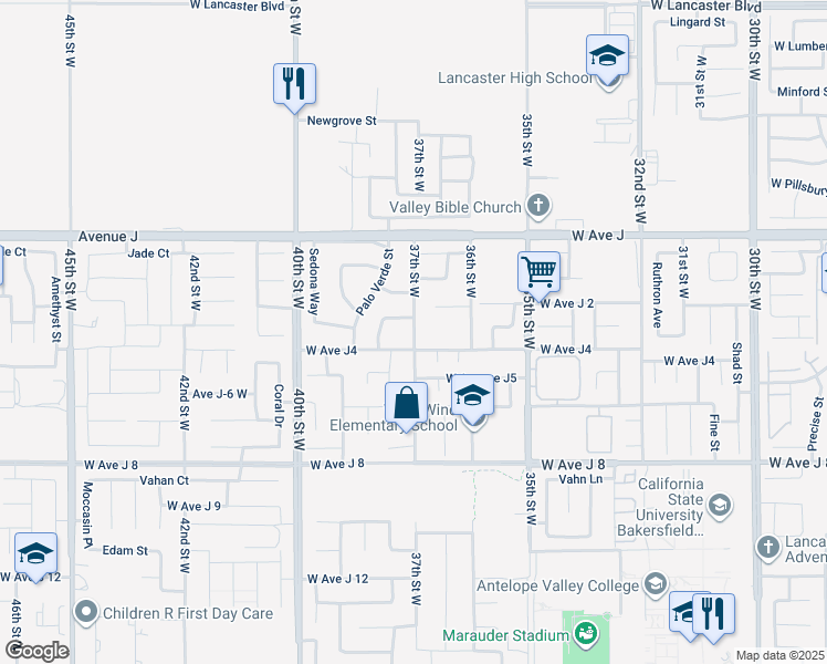map of restaurants, bars, coffee shops, grocery stores, and more near 3701 West Avenue J4 in Lancaster