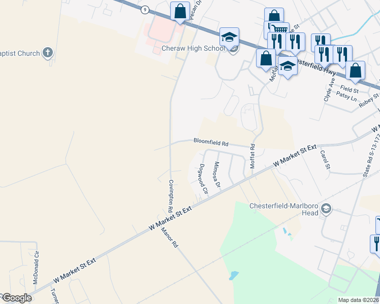 map of restaurants, bars, coffee shops, grocery stores, and more near in Cheraw