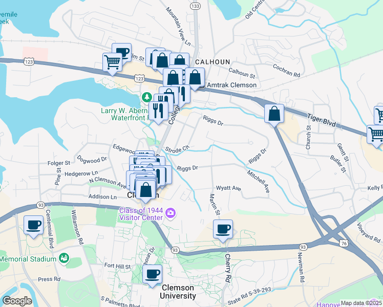 map of restaurants, bars, coffee shops, grocery stores, and more near 106 Strode Circle in Clemson