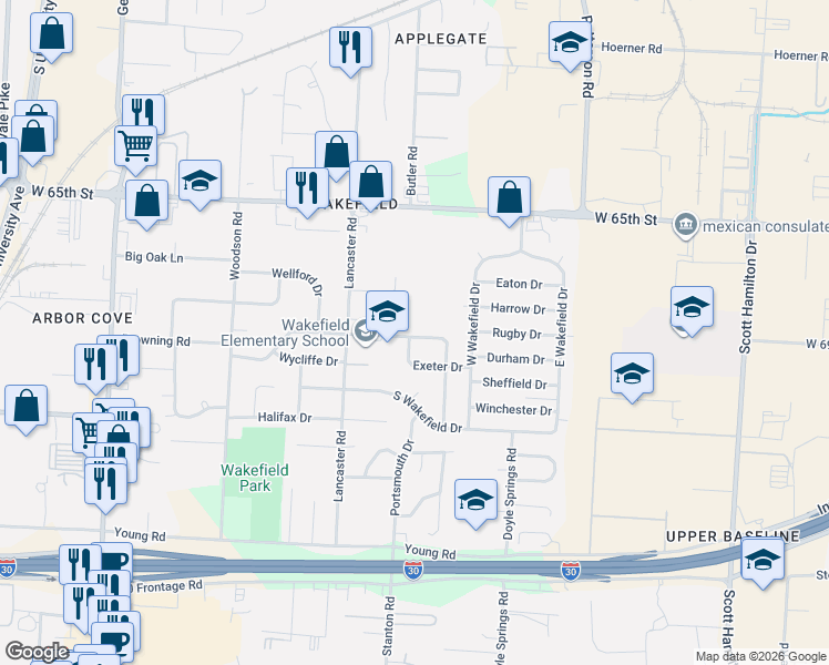 map of restaurants, bars, coffee shops, grocery stores, and more near 37 Westminister Drive in Little Rock