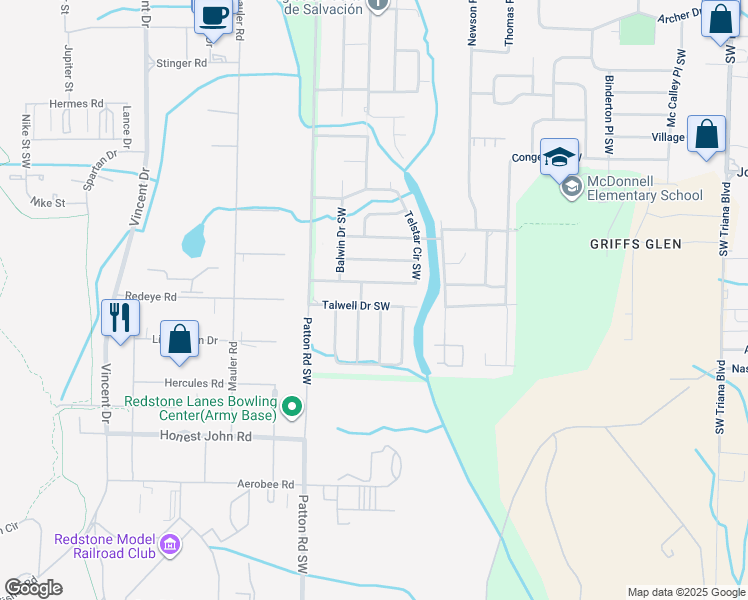 map of restaurants, bars, coffee shops, grocery stores, and more near 4036 Talwell Drive Southwest in Huntsville