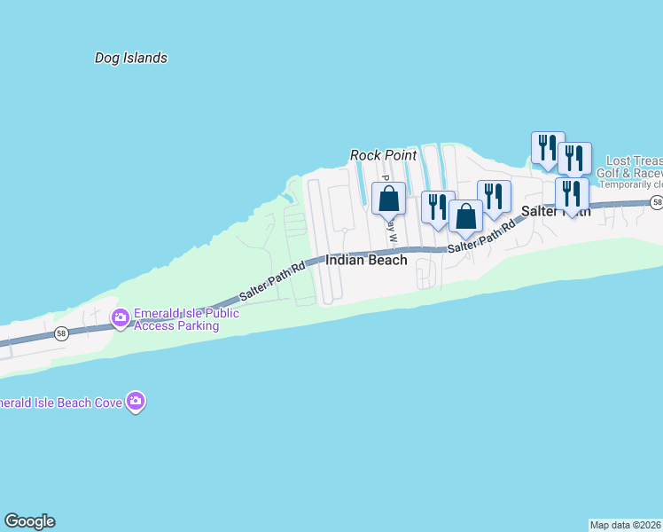 map of restaurants, bars, coffee shops, grocery stores, and more near 1505 Salter Path Rd in Emerald Isle