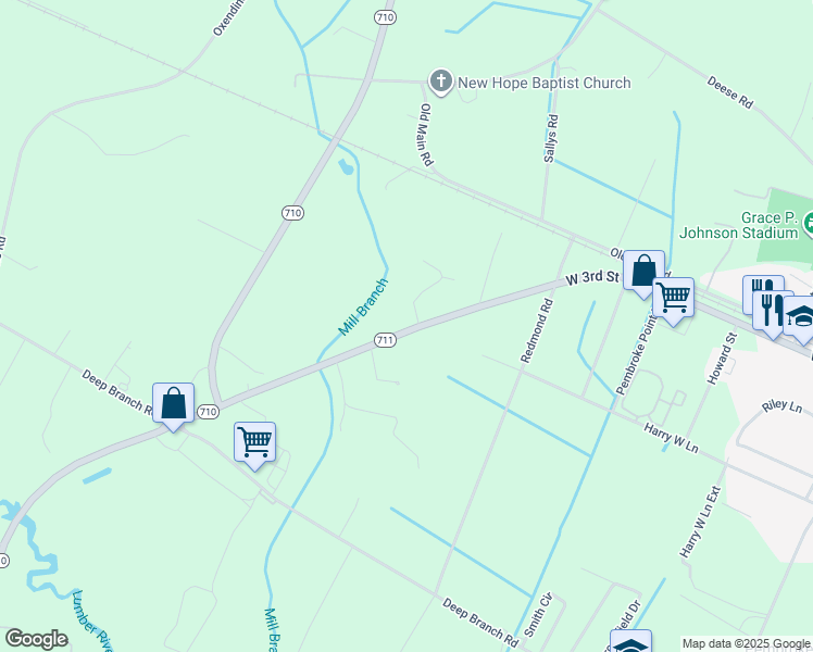 map of restaurants, bars, coffee shops, grocery stores, and more near 10614 North Carolina 711 in Pembroke