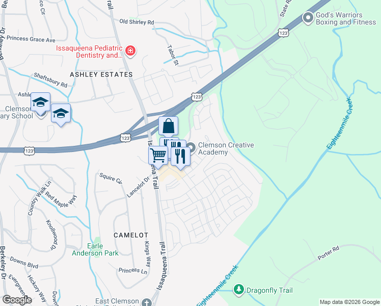 map of restaurants, bars, coffee shops, grocery stores, and more near 111 Cadet Street in Clemson
