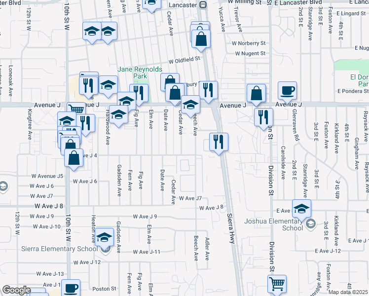 map of restaurants, bars, coffee shops, grocery stores, and more near 44212 Cedar Avenue in Lancaster