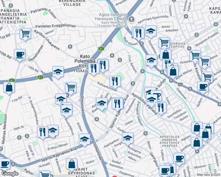 map of restaurants, bars, coffee shops, grocery stores, and more near Katsantonaion in Kato Polemidia