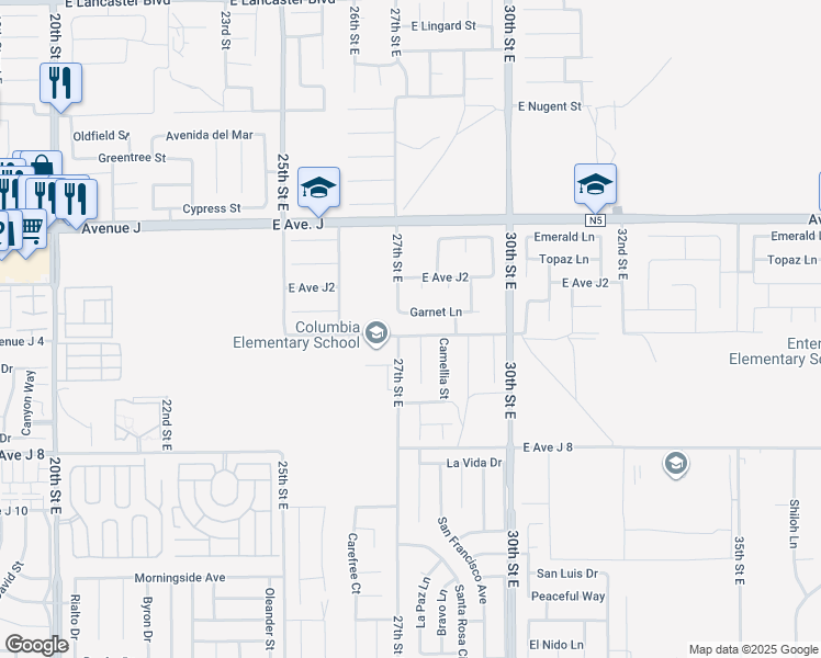 map of restaurants, bars, coffee shops, grocery stores, and more near 44158 27th Street East in Lancaster