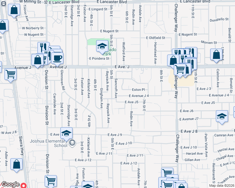 map of restaurants, bars, coffee shops, grocery stores, and more near 519 East Avenue J 4 in Lancaster