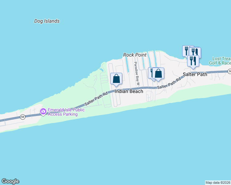 map of restaurants, bars, coffee shops, grocery stores, and more near 1505 Salter Path Rd in Emerald Isle