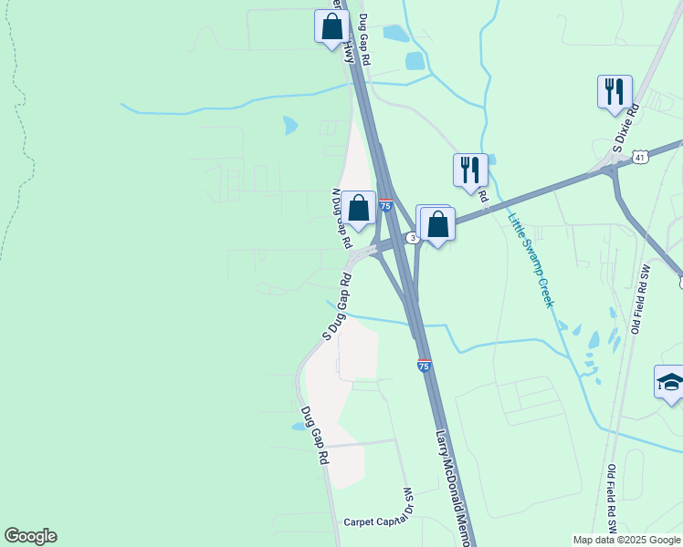 map of restaurants, bars, coffee shops, grocery stores, and more near 3202 Dug Gap Road in Dalton