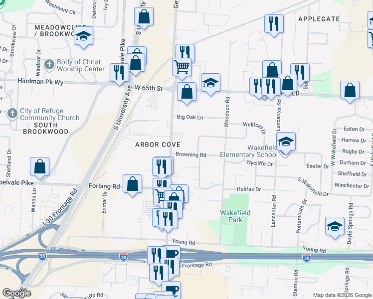 map of restaurants, bars, coffee shops, grocery stores, and more near 5807 Browning Road in Little Rock