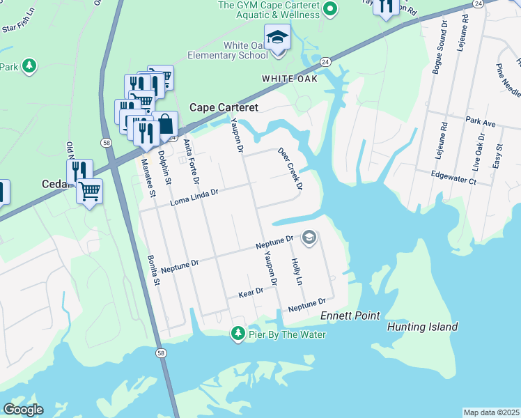 map of restaurants, bars, coffee shops, grocery stores, and more near 515 Deer Creek Dr in Cape Carteret
