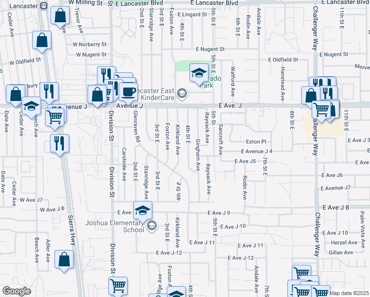 map of restaurants, bars, coffee shops, grocery stores, and more near 44221 4th Street East in Lancaster
