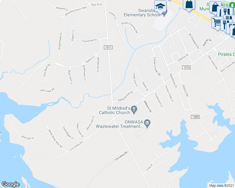 map of restaurants, bars, coffee shops, grocery stores, and more near 504 Sea Grass Court in Swansboro