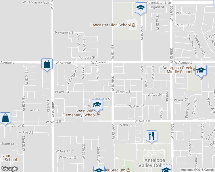 map of restaurants, bars, coffee shops, grocery stores, and more near 4819 West Avenue J 3 in Lancaster