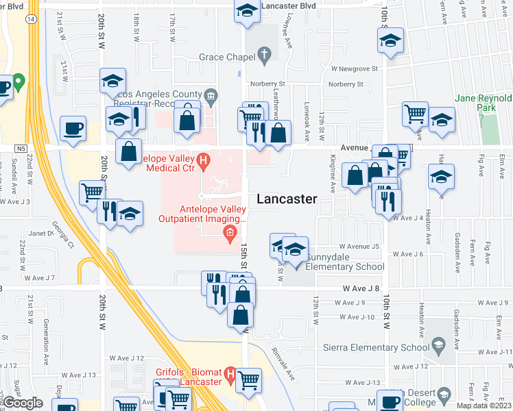 map of restaurants, bars, coffee shops, grocery stores, and more near 1341 West Avenue J-4 in Lancaster