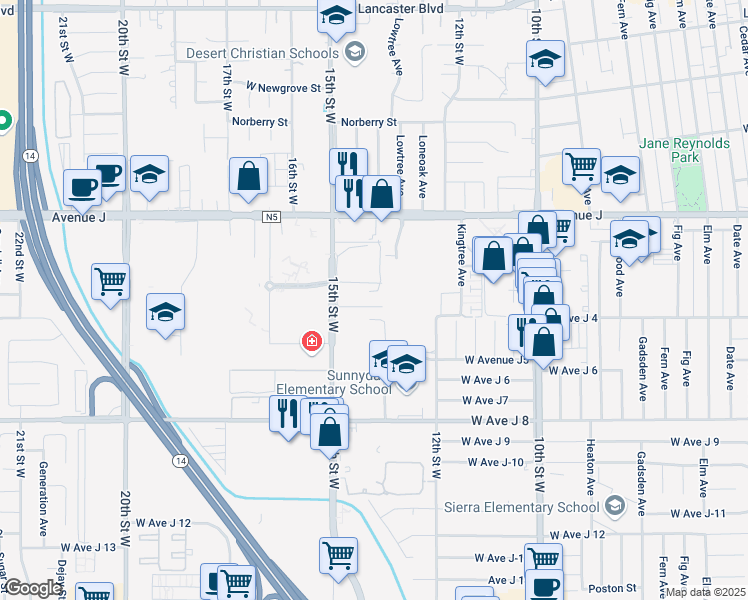 map of restaurants, bars, coffee shops, grocery stores, and more near 1306 West Avenue J-4 in Lancaster