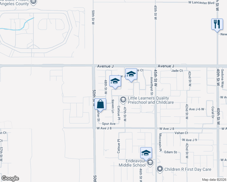 map of restaurants, bars, coffee shops, grocery stores, and more near 44224 Raven Lane in Lancaster