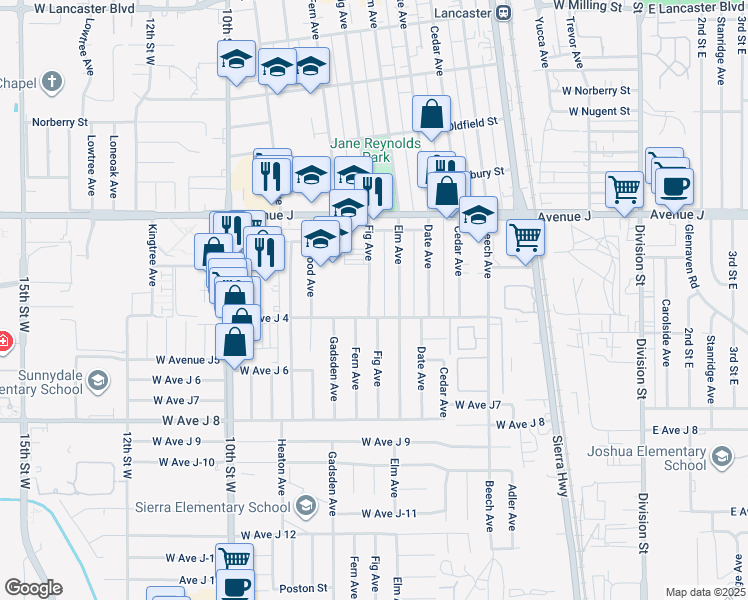 map of restaurants, bars, coffee shops, grocery stores, and more near 44220 Fig Avenue in Lancaster