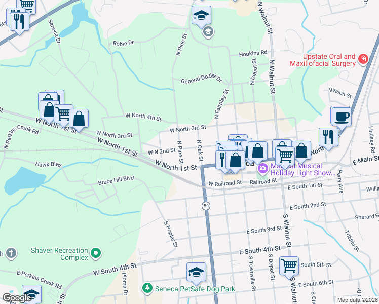 map of restaurants, bars, coffee shops, grocery stores, and more near 209 West North 2nd Street in Seneca