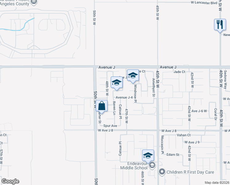 map of restaurants, bars, coffee shops, grocery stores, and more near 44224 Raven Lane in Lancaster