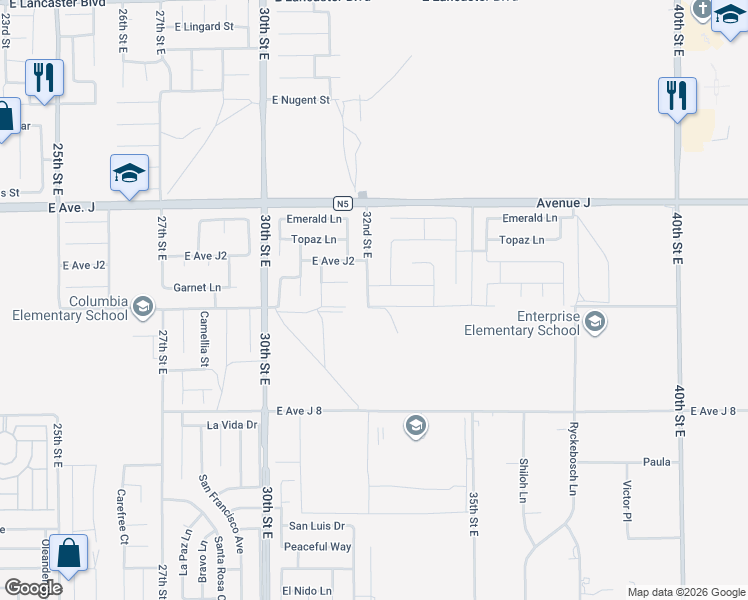 map of restaurants, bars, coffee shops, grocery stores, and more near 3211 East Avenue J 4 in Lancaster