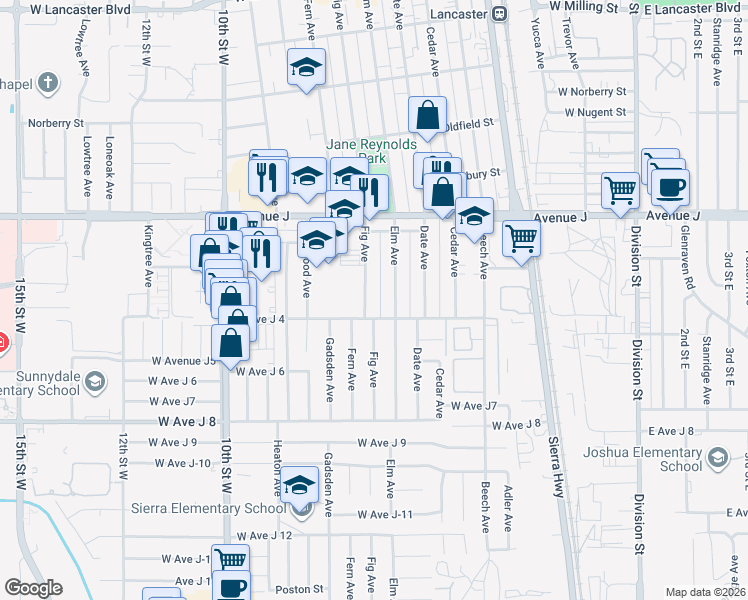 map of restaurants, bars, coffee shops, grocery stores, and more near 44202 Fig Avenue in Lancaster