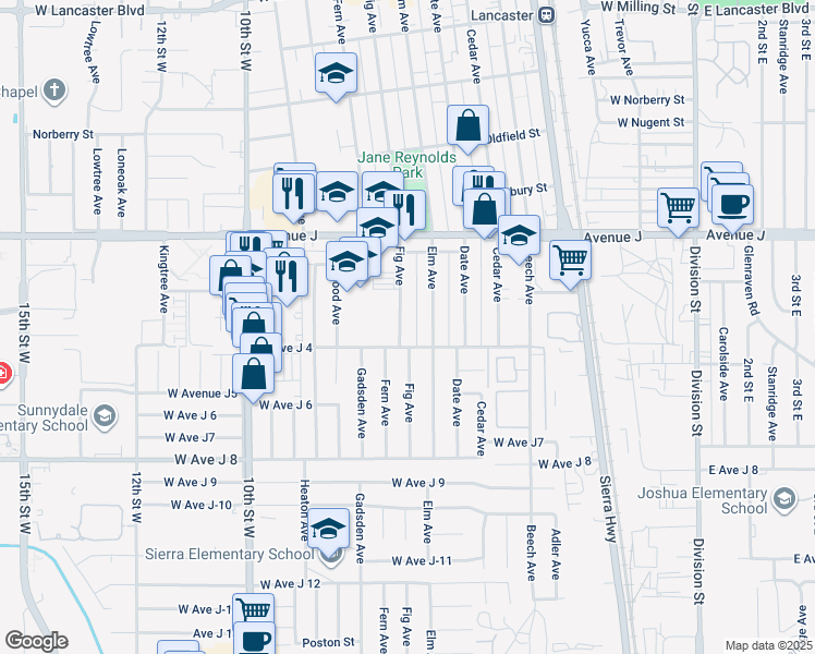map of restaurants, bars, coffee shops, grocery stores, and more near 44220 Fig Avenue in Lancaster