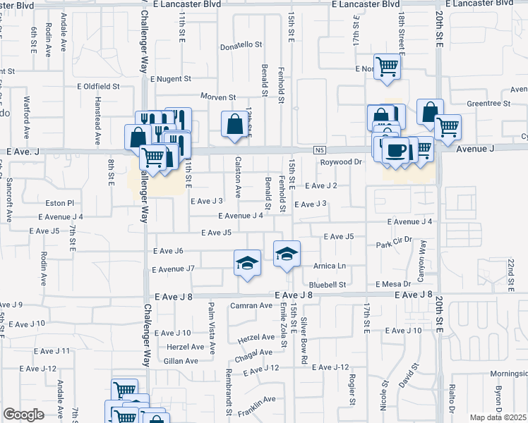 map of restaurants, bars, coffee shops, grocery stores, and more near 1309 East Avenue J 4 in Lancaster