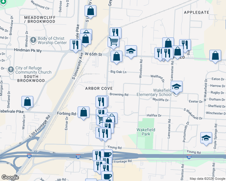 map of restaurants, bars, coffee shops, grocery stores, and more near 5906 Browning Road in Little Rock