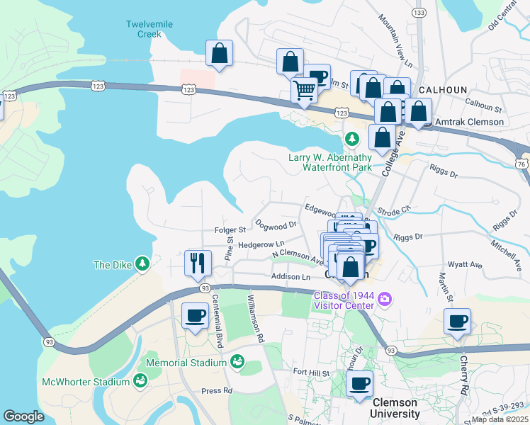 map of restaurants, bars, coffee shops, grocery stores, and more near 124 Folger Street in Clemson