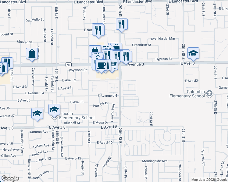 map of restaurants, bars, coffee shops, grocery stores, and more near 1849 East Avenue J 4 in Lancaster