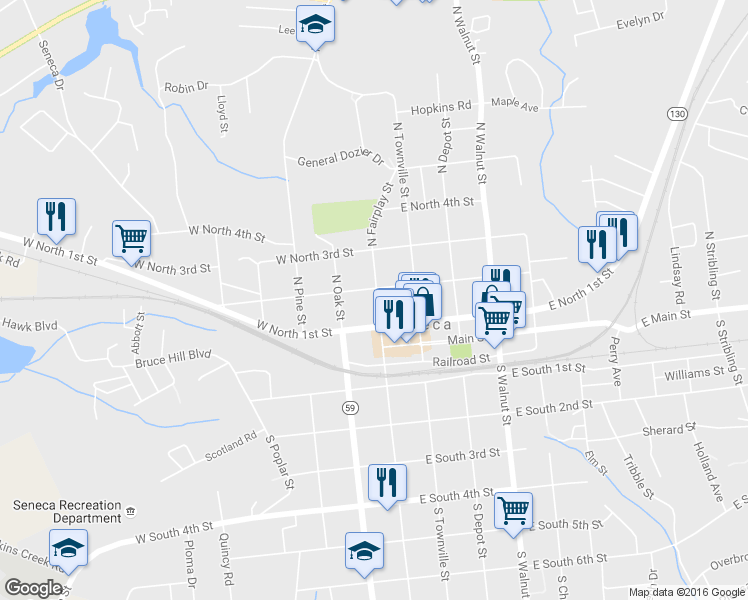 map of restaurants, bars, coffee shops, grocery stores, and more near 211 North Fairplay Street in Seneca