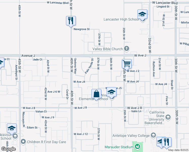 map of restaurants, bars, coffee shops, grocery stores, and more near 3701 West Avenue J4 in Lancaster