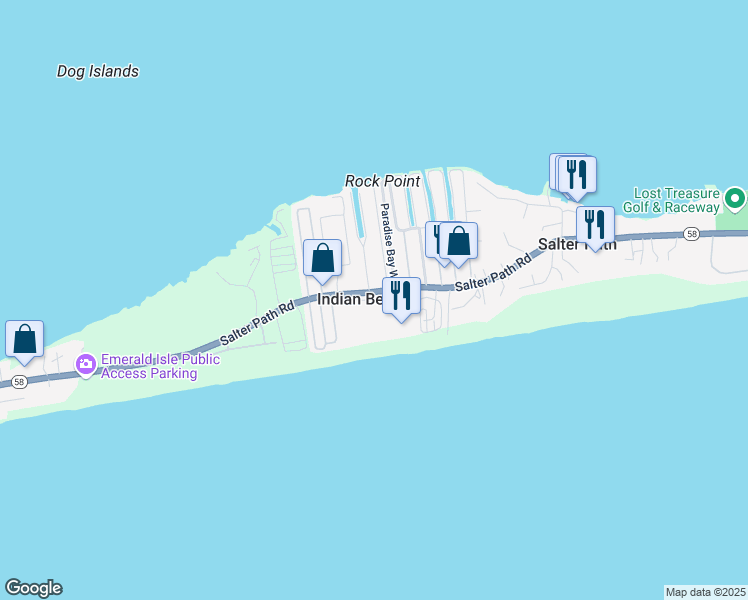 map of restaurants, bars, coffee shops, grocery stores, and more near 1505 Salter Path Road in Indian Beach