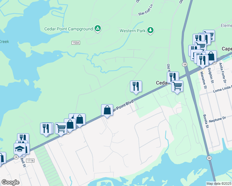 map of restaurants, bars, coffee shops, grocery stores, and more near 1095 Cedar Point Boulevard in Cedar Point