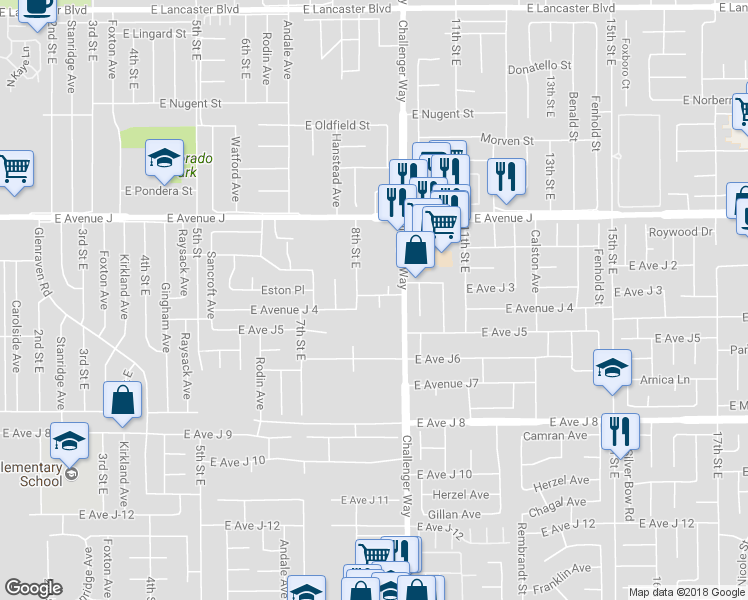 map of restaurants, bars, coffee shops, grocery stores, and more near 44215 Denmore Avenue in Lancaster