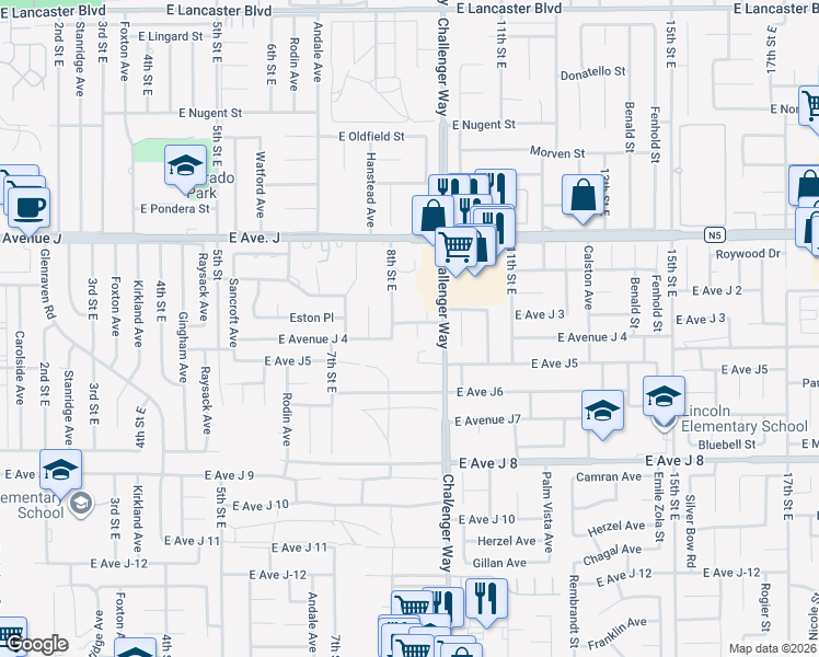 map of restaurants, bars, coffee shops, grocery stores, and more near 44215 Denmore Avenue in Lancaster