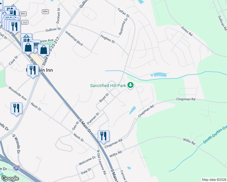map of restaurants, bars, coffee shops, grocery stores, and more near 399 Putman Street in Fountain Inn