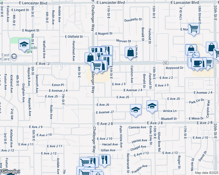 map of restaurants, bars, coffee shops, grocery stores, and more near 44211 11th Street East in Lancaster