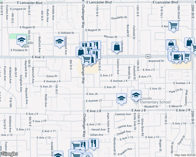 map of restaurants, bars, coffee shops, grocery stores, and more near 44211 11th Street East in Lancaster