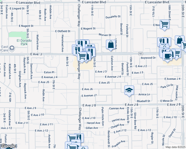 map of restaurants, bars, coffee shops, grocery stores, and more near 44211 11th Street East in Lancaster