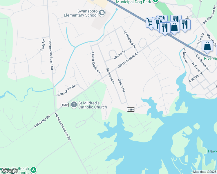 map of restaurants, bars, coffee shops, grocery stores, and more near 100-142 Foster Creek Court in Swansboro