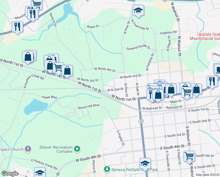 map of restaurants, bars, coffee shops, grocery stores, and more near 404 West North 1st Street in Seneca