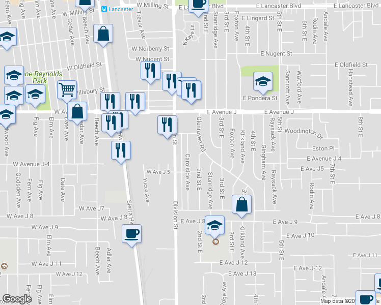 map of restaurants, bars, coffee shops, grocery stores, and more near 44244 Carolside Avenue in Lancaster