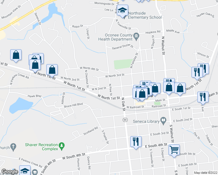 map of restaurants, bars, coffee shops, grocery stores, and more near 302 West North 2nd Street in Seneca