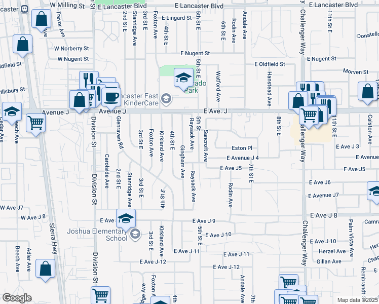 map of restaurants, bars, coffee shops, grocery stores, and more near East Avenue J 3 in Lancaster